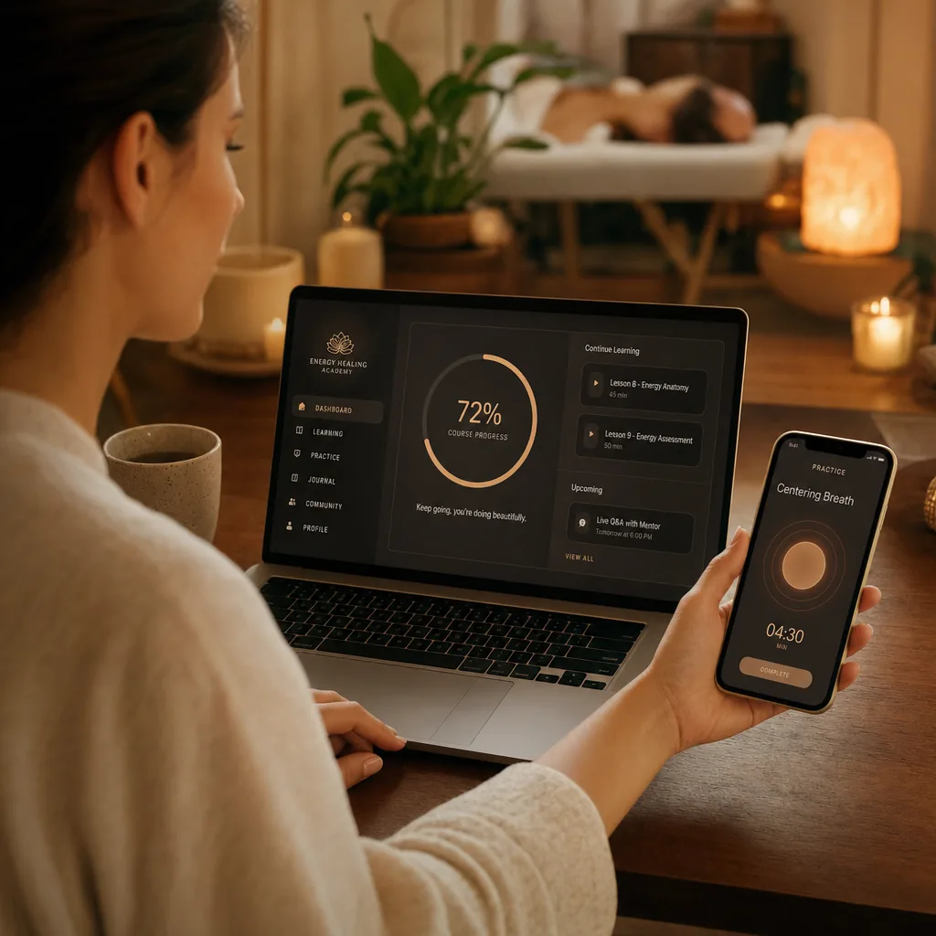 Inside the program: course dashboard with modules, lessons and reference guides